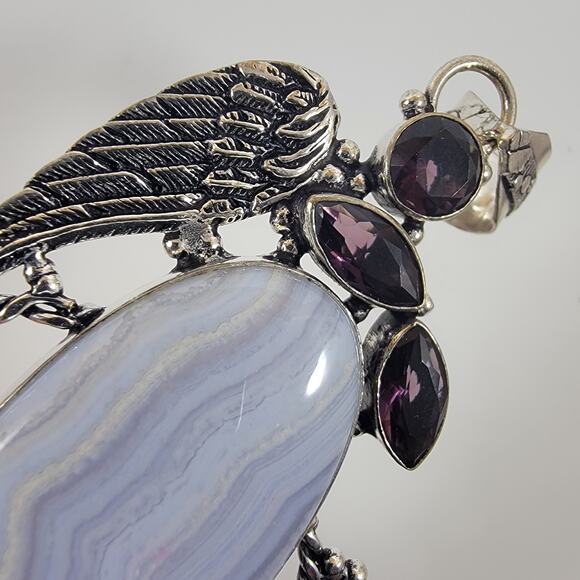 Handmade Silver Pendant with Blue Lace Agate and Amethyst - Picture 5 of 10
